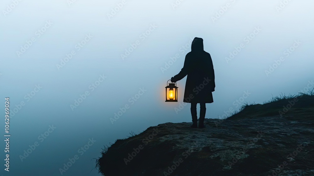 Silhouette of a person holding a lantern on a foggy cliff Silhouette of a person holding a lantern on a foggy cliff