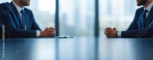 Two professionals in suits face each other at a conference table, engaged in a serious discussion in a modern office setting.