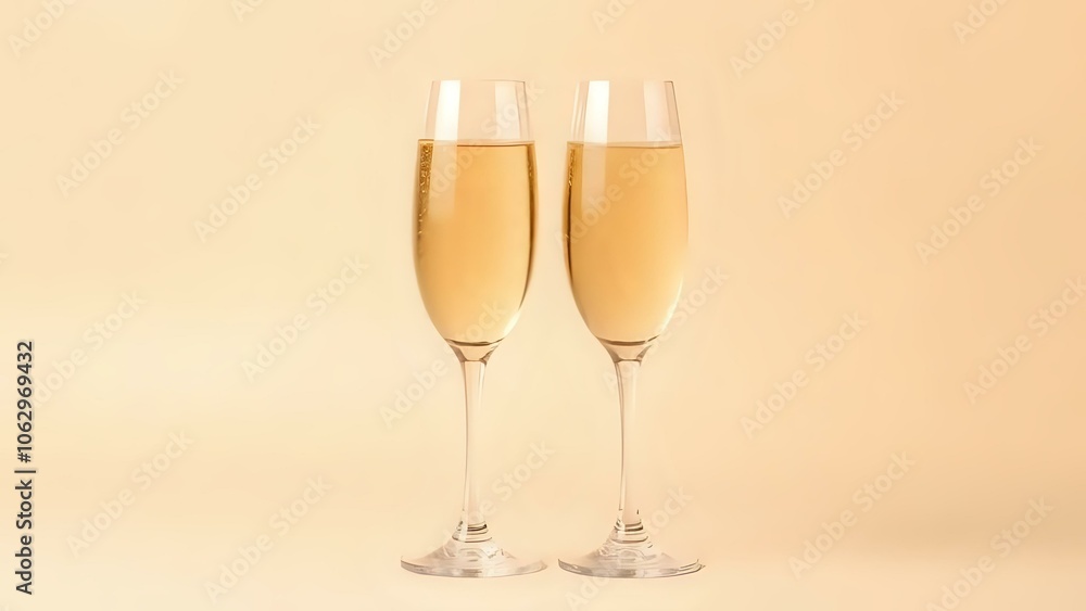 Champagne Glasses Ready for New Year’s Toast on Beige Background Champagne Glasses Ready for New Year’s Toast on Beige Background