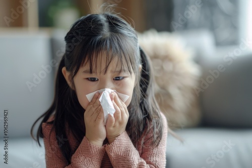 Young girl is sitting on a couch and blowing her nose. She is wearing a pink sweater and has her hair in pigtails photo