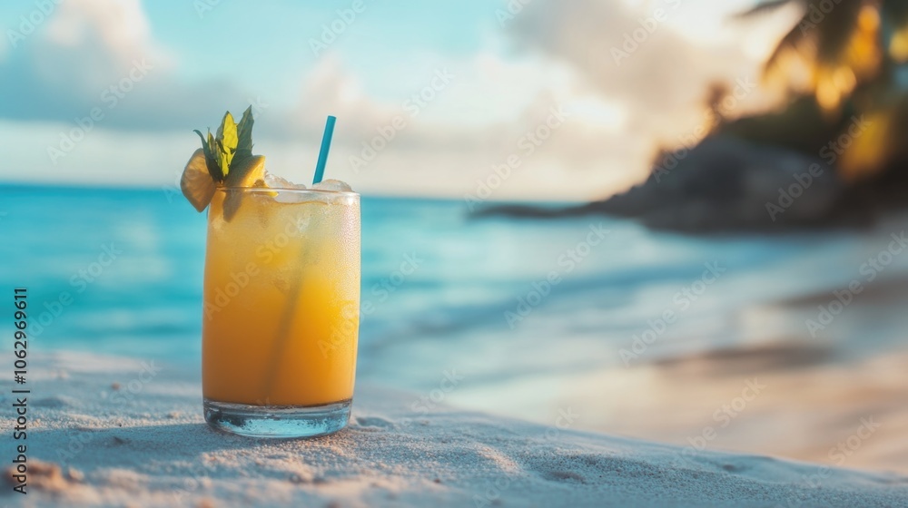 Glass of orange juice with a straw in it is sitting on a beach. The beach is calm and peaceful, with the ocean in the background Glass of orange juice with a straw in it is sitting on a beach. The beach is calm and peaceful, with the ocean in the background