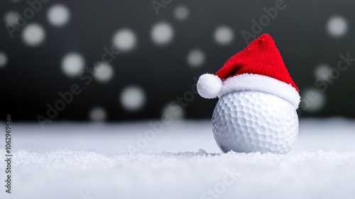 White golf ball with a red hat on it. The ball is sitting on a snowy surface photo