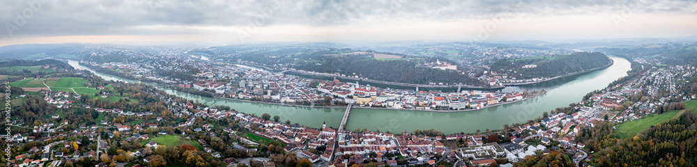 Naklejka premium Passau Bavaria Germany. Aerial panorama of the old town, Inn and Donau