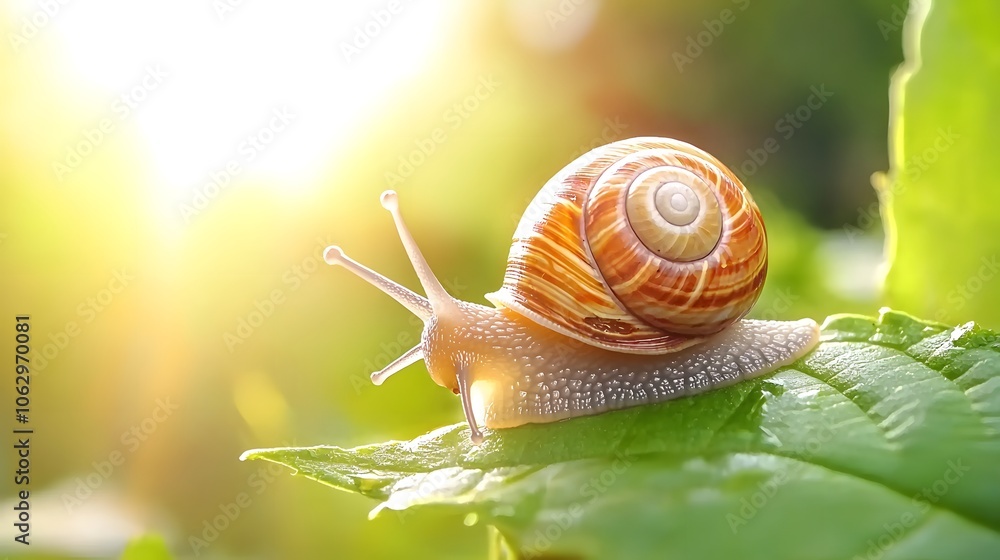 A snail rests on a green leaf, basking in sunlight, showcasing its spiral shell and glistening body in a serene natural setting. A snail rests on a green leaf, basking in sunlight, showcasing its spiral shell and glistening body in a serene natural setting.