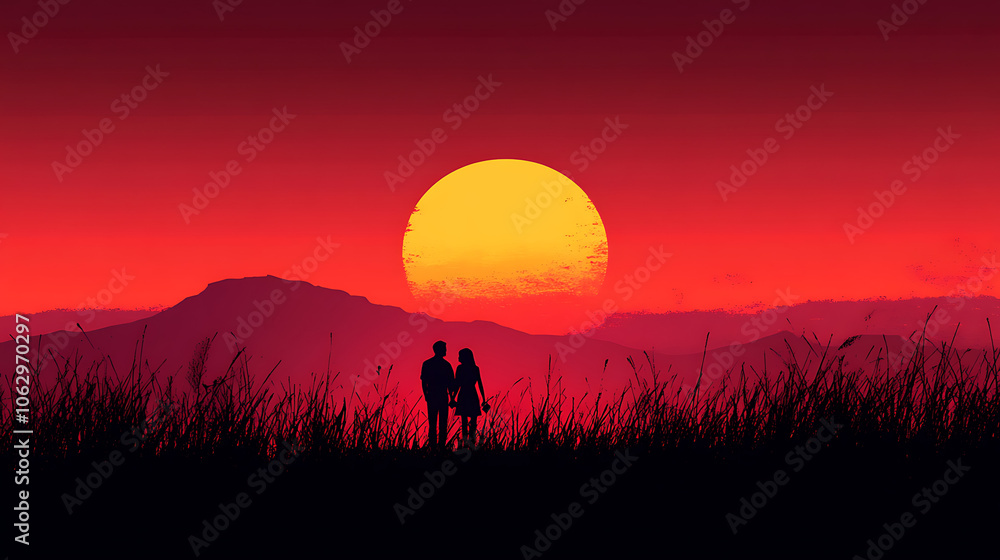 A romantic silhouette of a couple on a hill under the sun with a heart-shaped sky, showcasing love and togetherness in nature at sunset