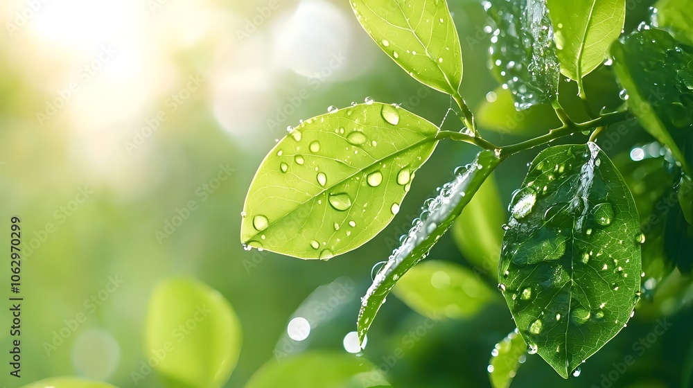Dewdrops nature texture concept. Fresh green leaves glistening with water droplets under soft sunlight, embodying nature's beauty and vitality.