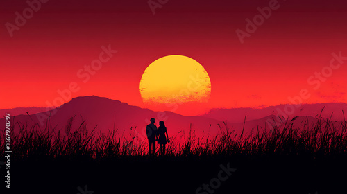 A romantic silhouette of a couple on a hill under the sun with a heart-shaped sky, showcasing love and togetherness in nature at sunset photo