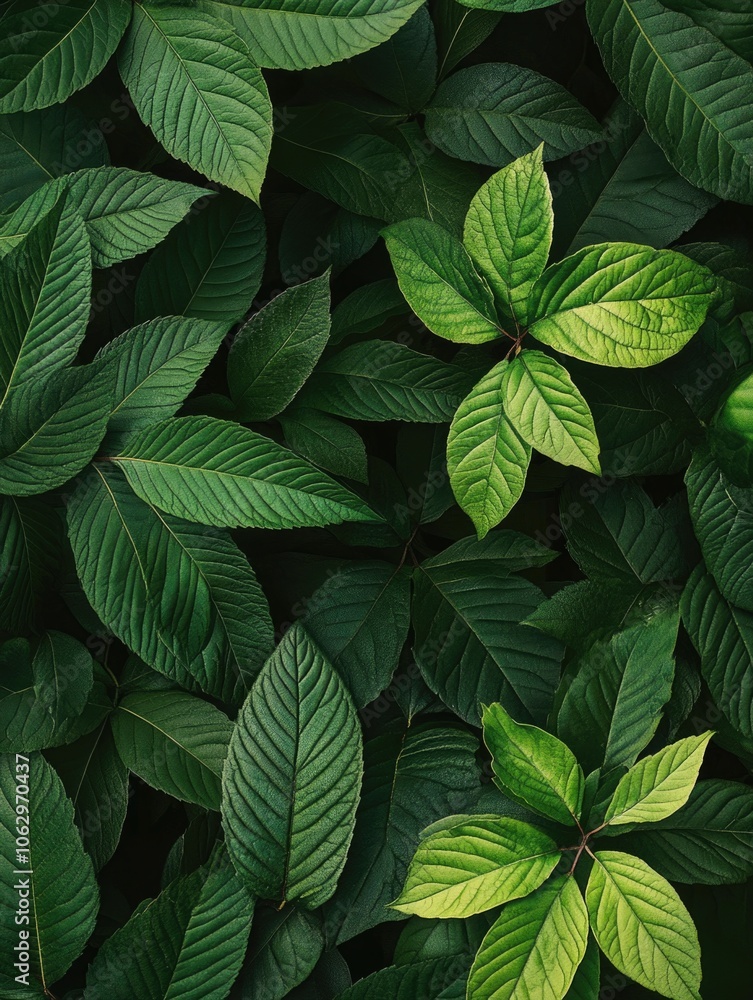 Close up of green leaves with a lush green background. The leaves are full and vibrant, giving the impression of a healthy and thriving plant. Concept of growth and vitality Close up of green leaves with a lush green background. The leaves are full and vibrant, giving the impression of a healthy and thriving plant. Concept of growth and vitality