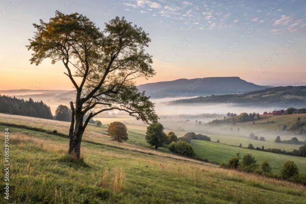 Serene Sunrise Over Rural Landscape Featuring Solitary Tree on Grassy Meadow in Earthy Tones