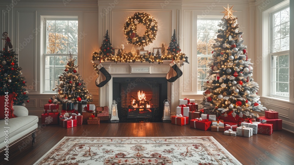 Fototapeta premium A Christmas tree adorned with ornaments and twinkling lights sits beside a traditional fireplace, surrounded by neatly wrapped holiday presents. The combination of the tree sparkle and the fireplace.