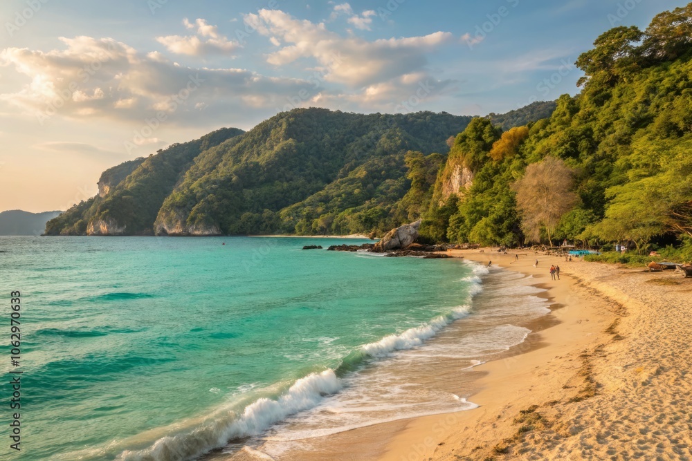 Serene Tropical Beach with Vibrant Turquoise Waters Gently Lapping Against Golden Sandy Shoreline Serene Tropical Beach with Vibrant Turquoise Waters Gently Lapping Against Golden Sandy Shoreline