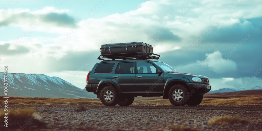 Fototapeta premium Black SUV with a roof rack is parked on a dirt road. The sky is cloudy and the sun is setting