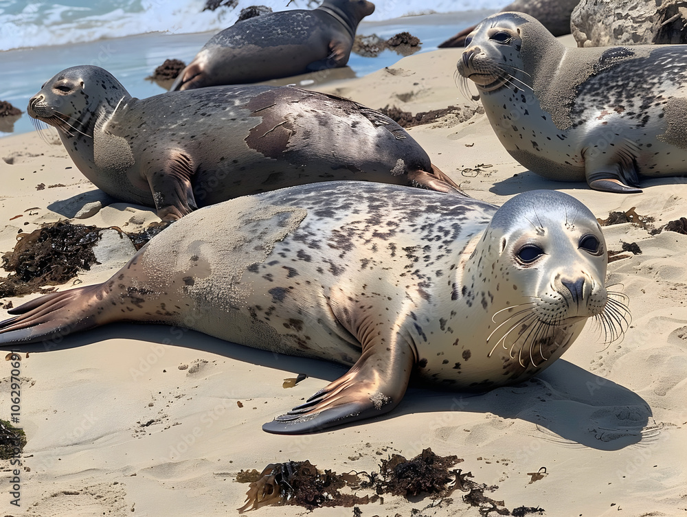 Fototapeta premium A group of seals sunbathing and relaxing on a sandy beach near the water's edge.