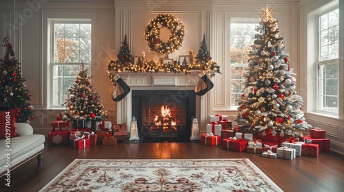 A Christmas tree adorned with ornaments and twinkling lights sits beside a traditional fireplace, surrounded by neatly wrapped holiday presents. The combination of the tree sparkle and the fireplace.