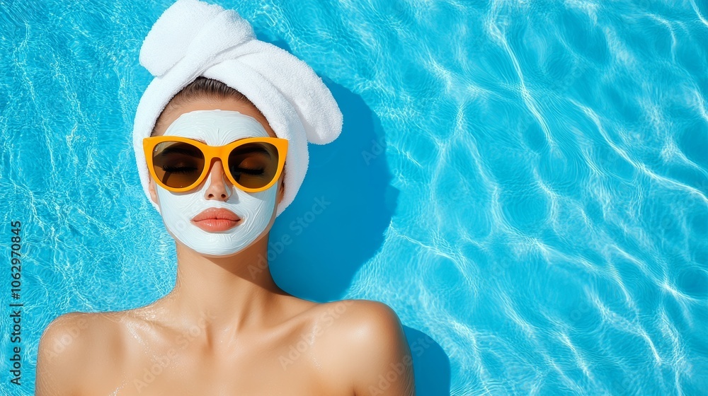 Naklejka premium Woman with a white towel on her head and a white face mask on her face is laying in a pool