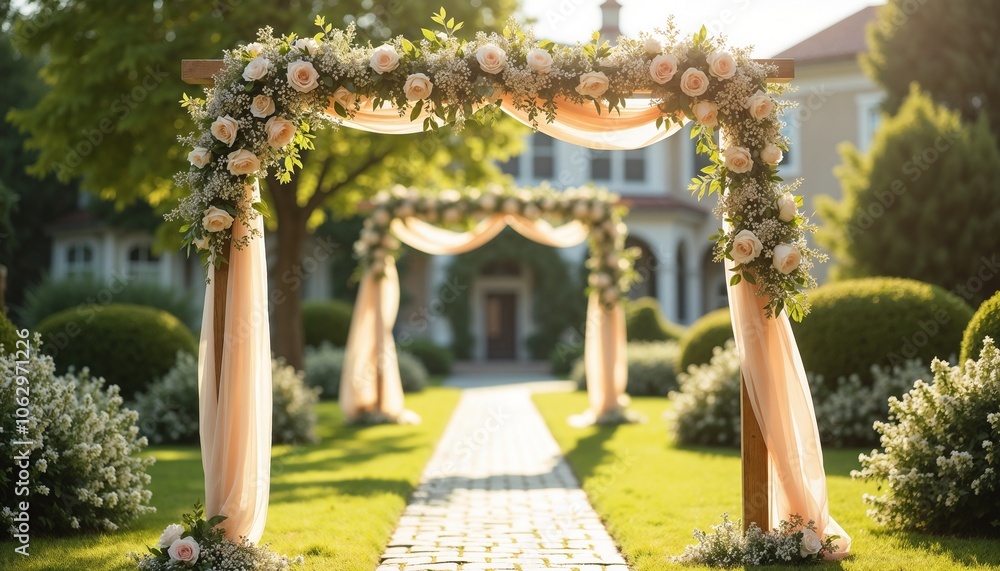 Fototapeta premium Beautiful floral wedding arch with drapes in garden setting for romantic ceremonies, wedding concept 