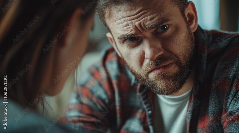 Man with a beard and a woman looking at him. The man is frowning Man with a beard and a woman looking at him. The man is frowning