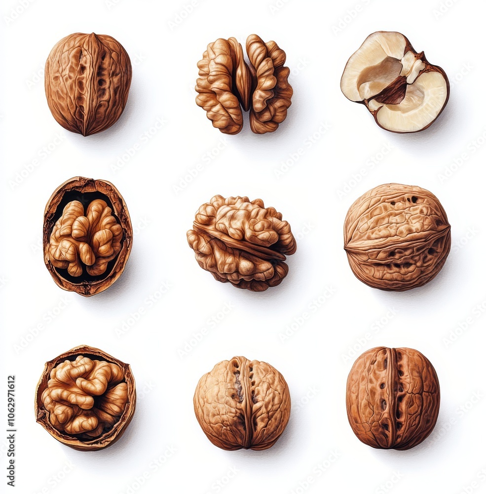 Variety of Whole and Shelled Walnut Illustrations
Variety of Whole and Shelled Walnut Illustrations
