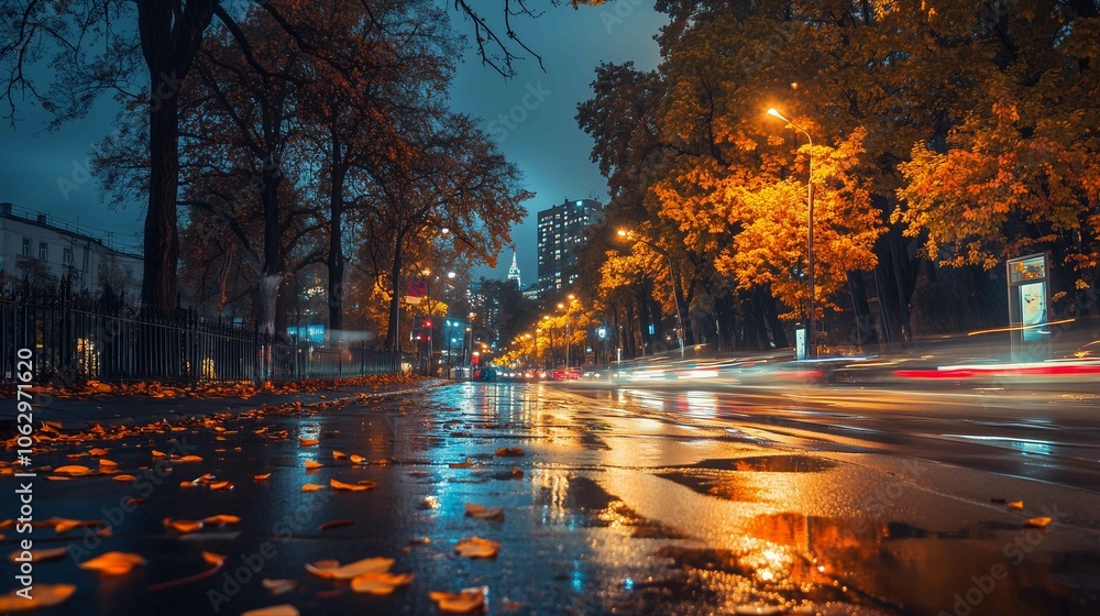 Late autumn season, city street night view
Late autumn season, city street night view
