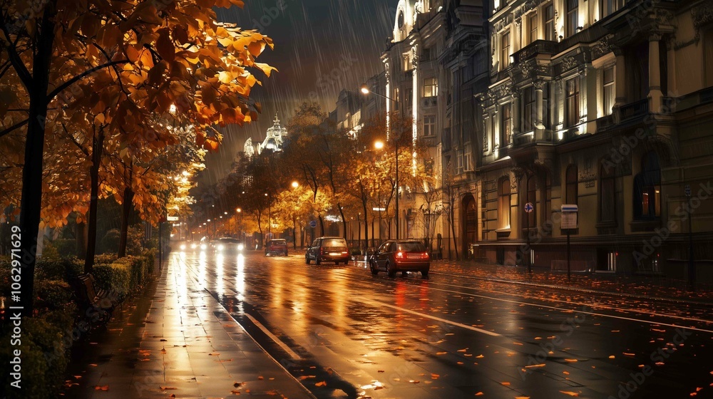 Naklejka premium Late autumn season, city street night view 