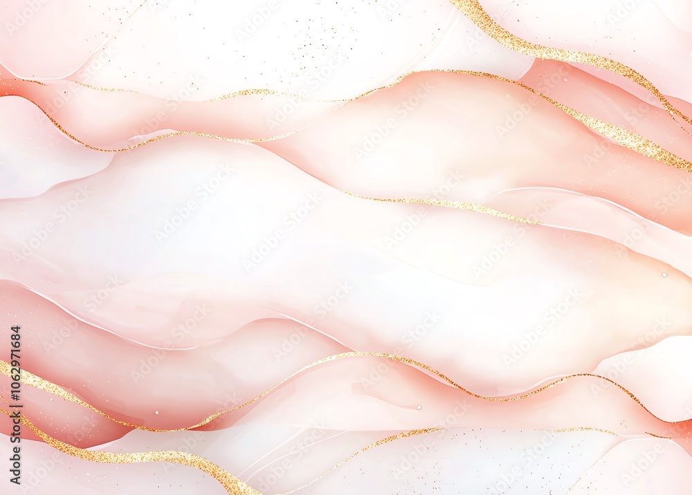 Fototapeta premium Abstract pink and gold fluid art design with soft wavy patterns and elegant shimmering textures, ideal for backgrounds or wallpapers.