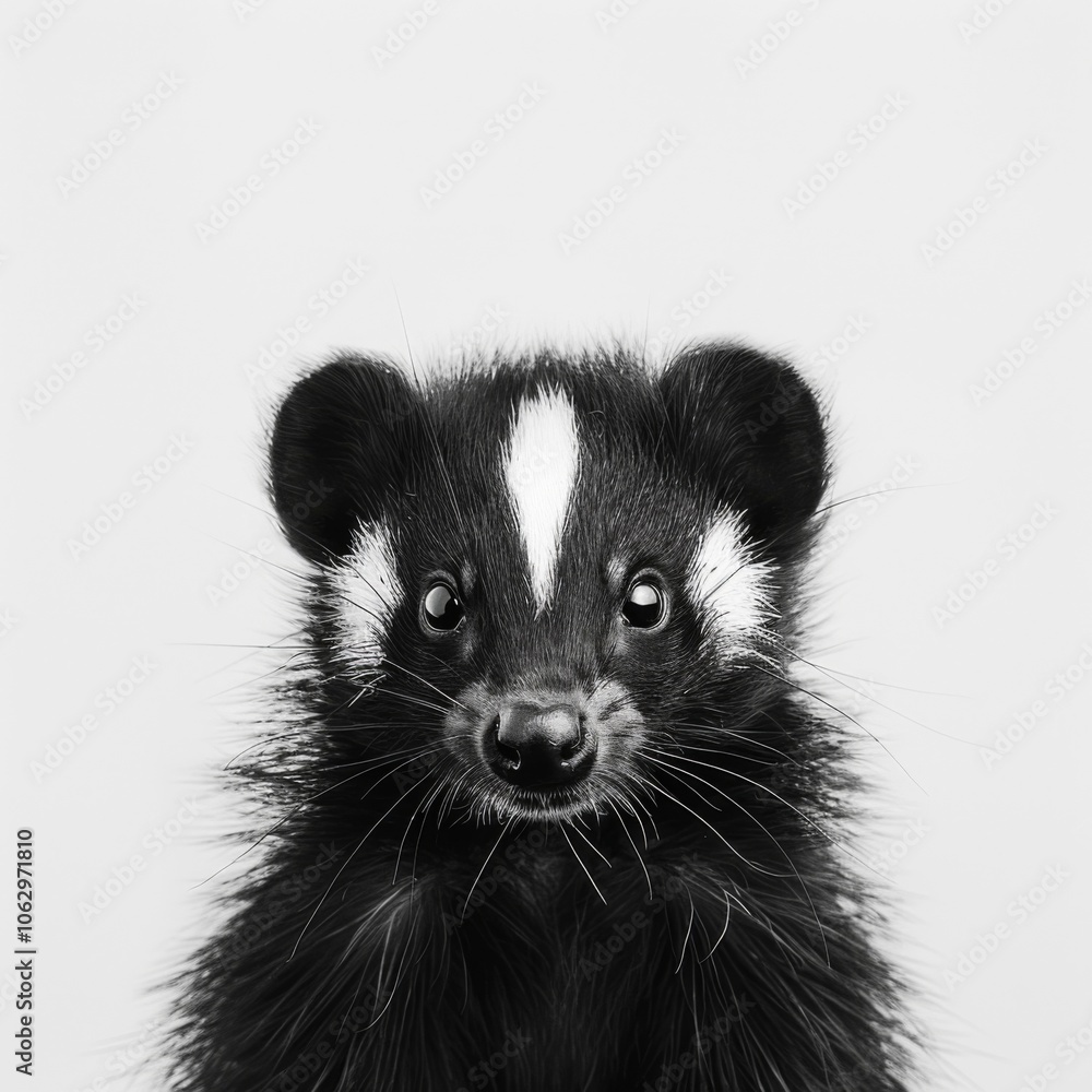 Obraz premium Charming Black and White Badger Portrait: Cute, Fluffy Focus on Adorable Wildlife with Expressive Eyes Against Minimalist Background