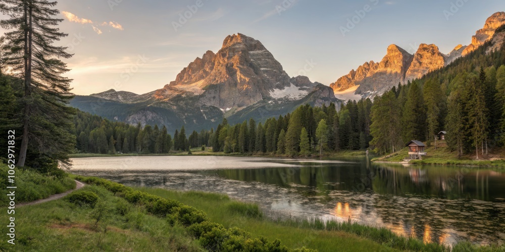 Fototapeta premium Soft golden dawn light illuminates the tranquil landscape of Lago, creating a serene atmosphere