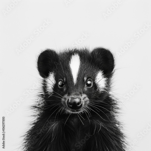 Charming Black and White Badger Portrait: Cute, Fluffy Focus on Adorable Wildlife with Expressive Eyes Against Minimalist Background