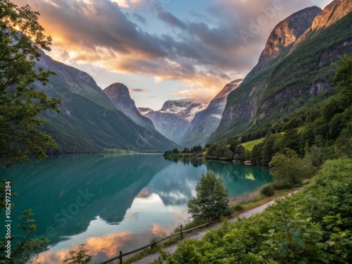 Soft Golden Light Illuminates Lovatnet Lake, Creating a Serene Nature Scene in Tranquil Landscape photo