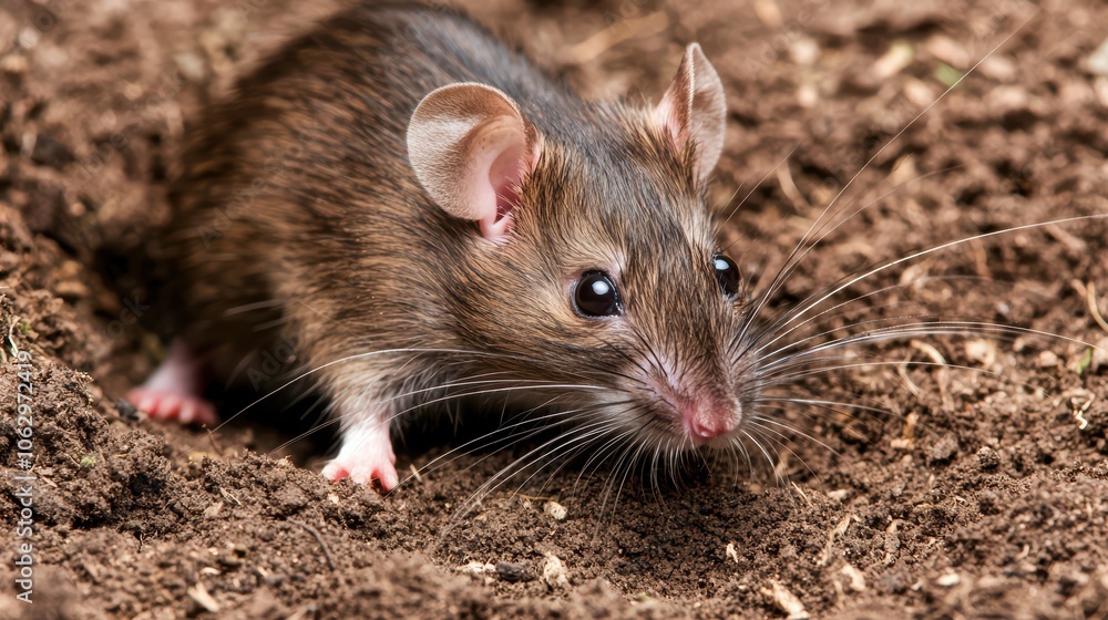 A brown mouse with prominent ears and whiskers, exploring a dirt surface, showcasing its small size and alert demeanor. A brown mouse with prominent ears and whiskers, exploring a dirt surface, showcasing its small size and alert demeanor.