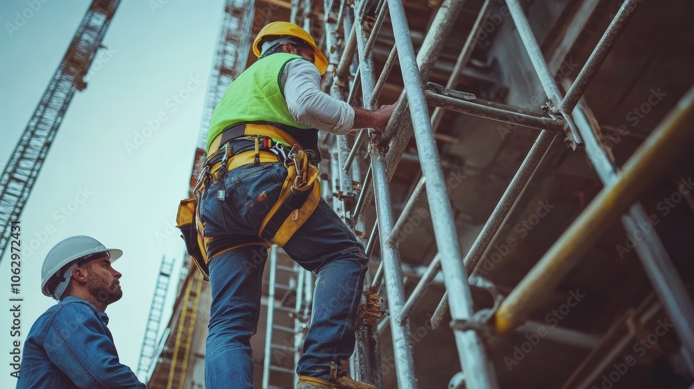 Construction Workers on Scaffolding Safety Gear Building Site Teamwork Professional H Construction Workers on Scaffolding Safety Gear Building Site Teamwork Professional H