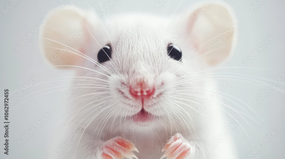 A close-up of a smiling white mouse with bright eyes and prominent whiskers, creating an adorable and captivating expression. A close-up of a smiling white mouse with bright eyes and prominent whiskers, creating an adorable and captivating expression.