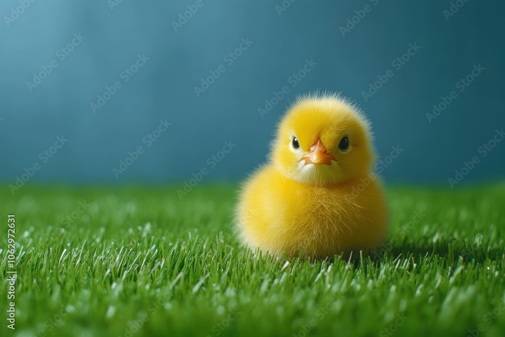 Cute fluffy chick on green grass for easter or spring decorations Cute fluffy chick on green grass for easter or spring decorations