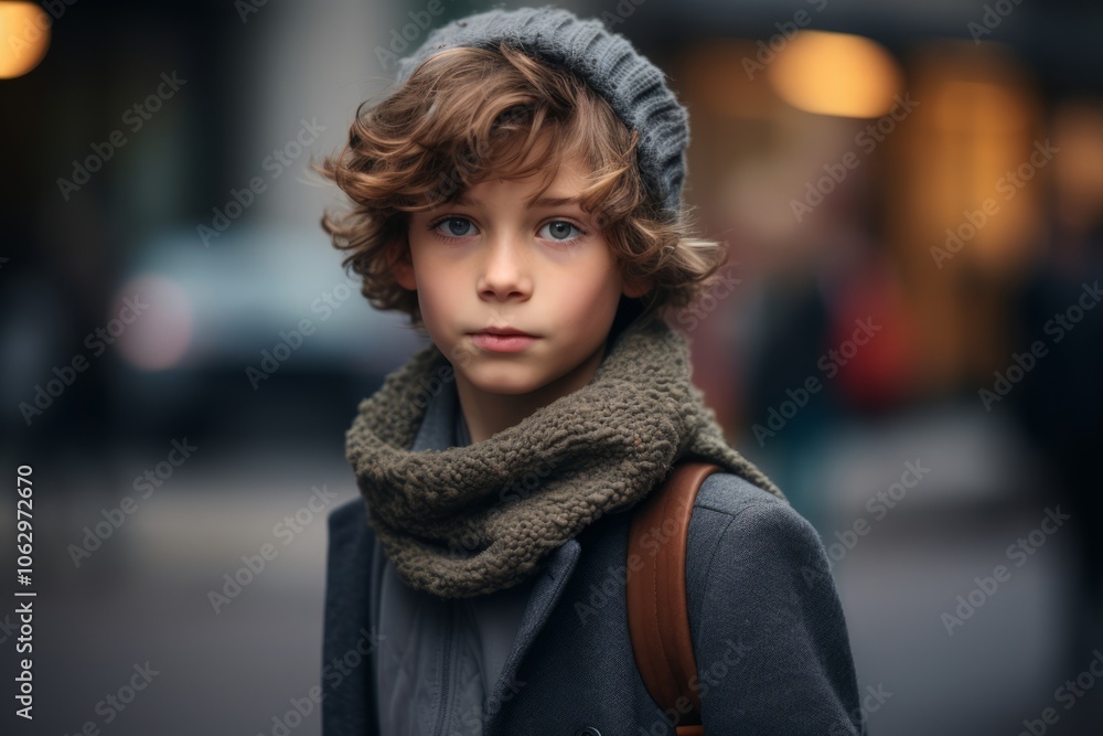 Portrait of a cute little boy in winter coat and scarf on the street. Portrait of a cute little boy in winter coat and scarf on the street.