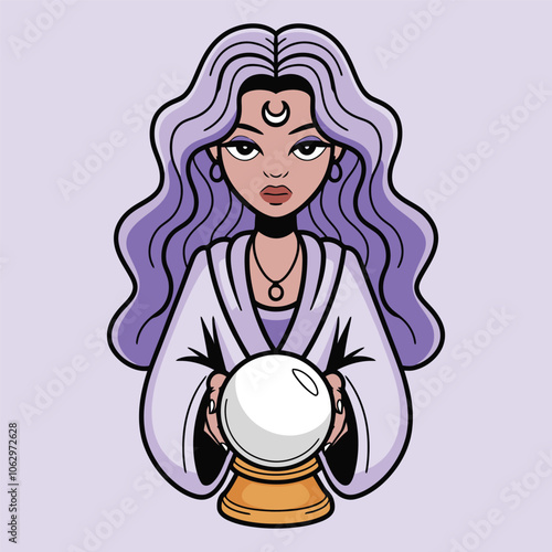 Mystical Fortune Teller Woman with Crystal Ball and Moon Symbol