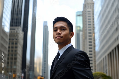 Successful young businessman in suit outdoors among skyscrapers