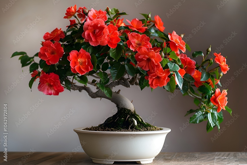 A stunning flowering rose bonsai tree with bright red blooms, beautifully captured in a minimalist white pot. The vibrant flowers create a striking contrast with the green leaves. A stunning flowering rose bonsai tree with bright red blooms, beautifully captured in a minimalist white pot. The vibrant flowers create a striking contrast with the green leaves.