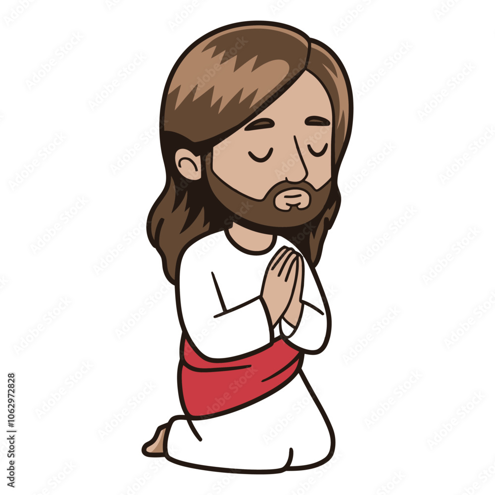 Cartoon Illustration of Jesus Praying on Knees Cartoon Illustration of Jesus Praying on Knees