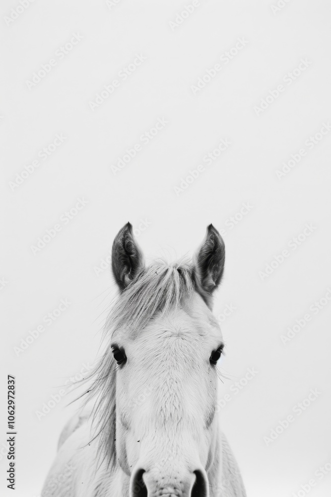 Close-up of a majestic white horses face against a minimalist white background, capturing intricate details of its mane and expressive eyes. Close-up of a majestic white horses face against a minimalist white background, capturing intricate details of its mane and expressive eyes.