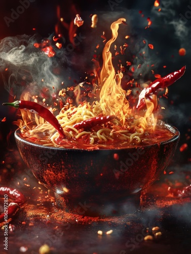 Spicy Ramen Bowl with Flames and Chili Peppers
