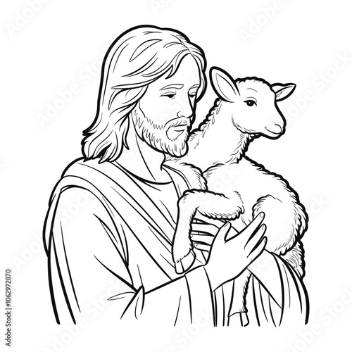 Line Art Illustration of Jesus with a Lamb