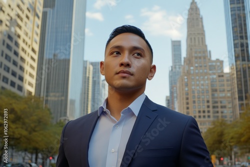 Successful young businessman in suit outdoors among skyscrapers