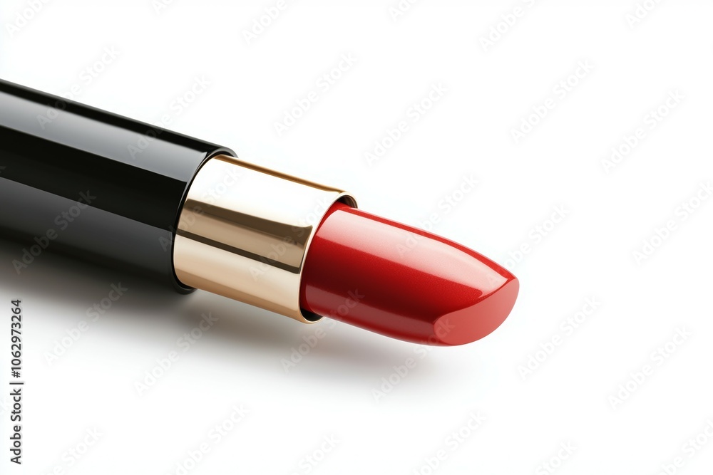 A red lipstick is shown on a white background A red lipstick is shown on a white background