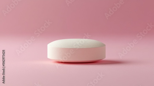 A single white pill against a soft pink background.