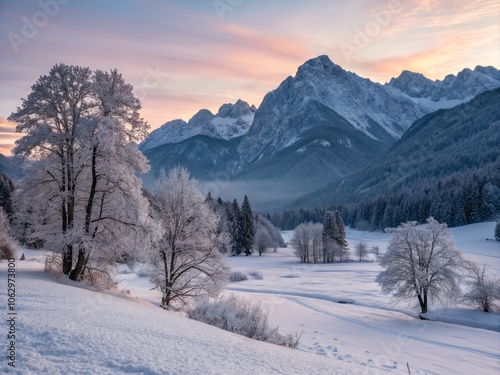 Soft Pastel Hues Paint the Sky Above Majestic Icy Mountains in a Serene and Tranquil Landscape