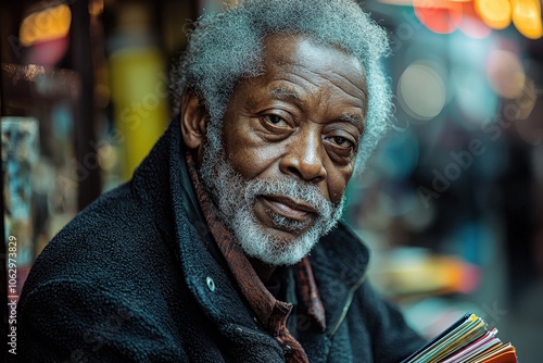 Thoughtful elderly man at night market with vibrant bokeh background