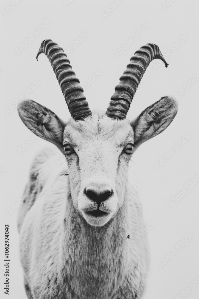 Close-Up Portrait of a Majestic Goat with Intricate Horns Against a Minimalist Gray Background, Capturing the Essence of Wilderness and Nature. Close-Up Portrait of a Majestic Goat with Intricate Horns Against a Minimalist Gray Background, Capturing the Essence of Wilderness and Nature.