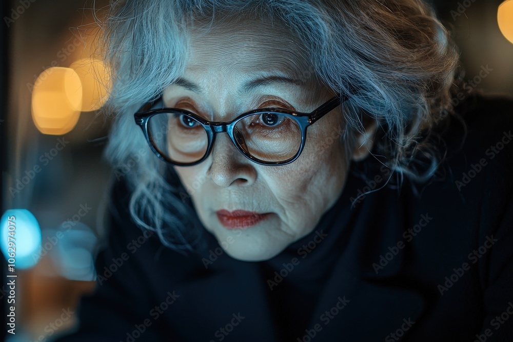 Elderly woman with glasses focused on screen in dim lighting Elderly woman with glasses focused on screen in dim lighting