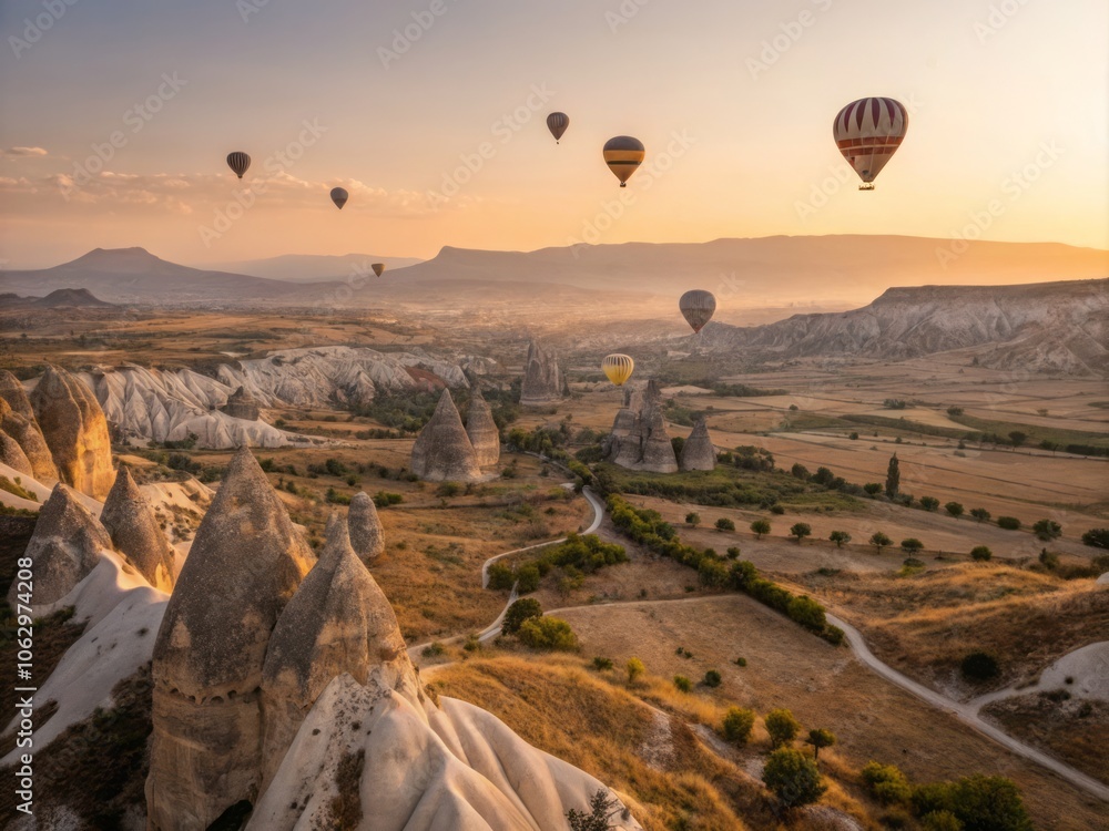 Fototapeta premium Stunning Golden Hour Over Vast Open Plains with Unique Landscape Features and Dramatic Sky Colors