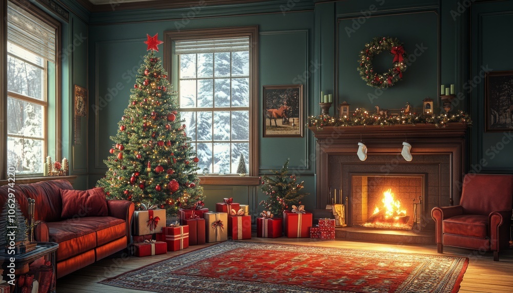 The peaceful and calming living room with a fireplace is decorated with Christmas decorations and a Christmas tree. The peaceful and calming living room with a fireplace is decorated with Christmas decorations and a Christmas tree.